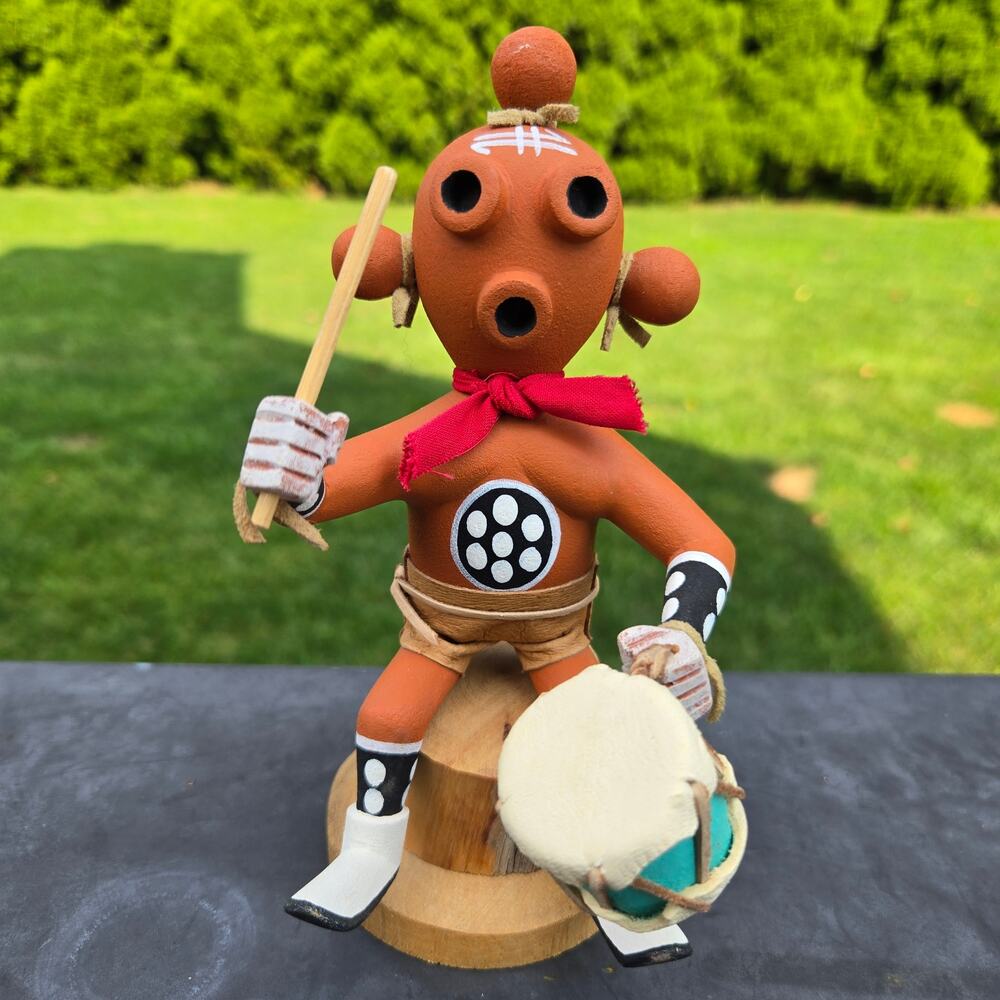 Vintage "Mudhead" Koyemsi Kachina Doll w/Drum Signed R Benally? Navajo 7"